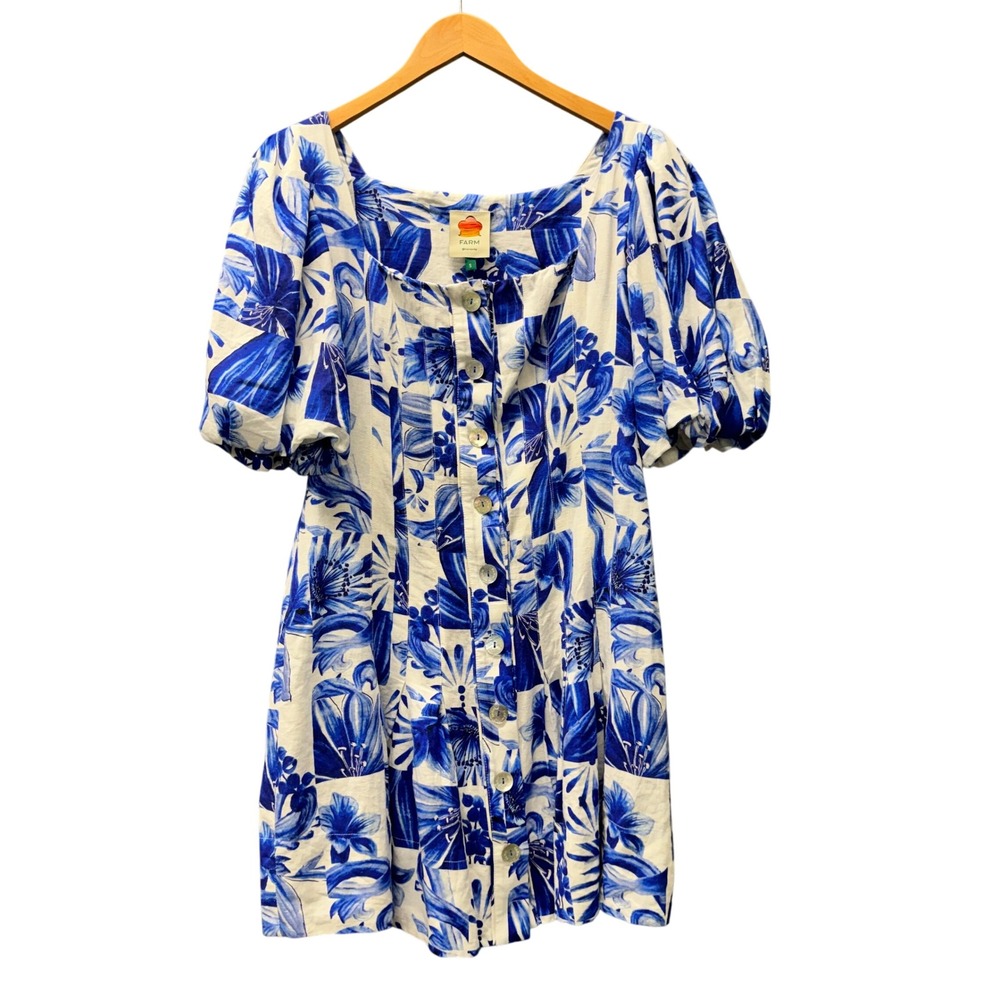 Farm Rio Dress Womens S Blue Floral Garden Tiles Mini Button Up Coastal Boho